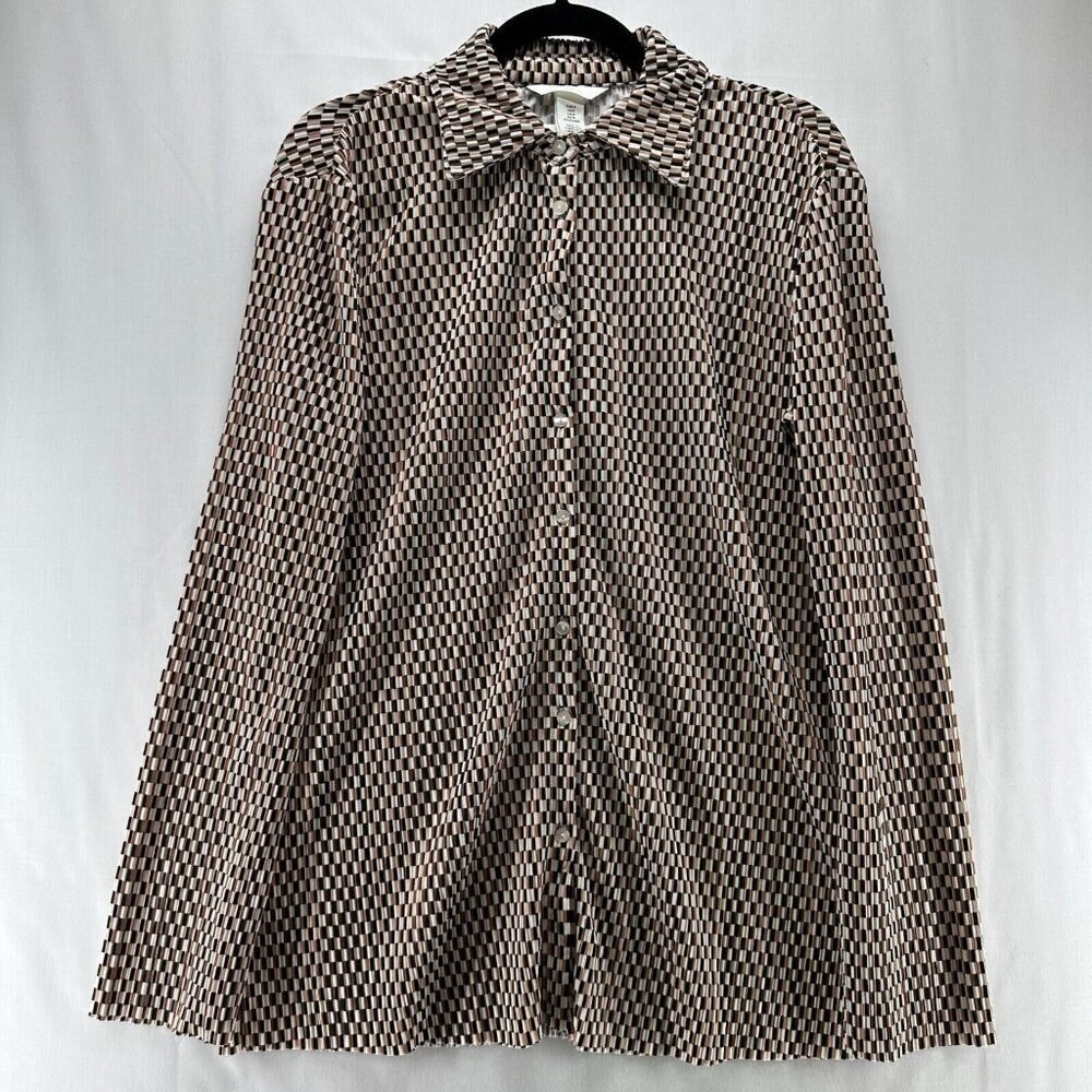 H&M Top Womens Size M Geometric Textured Jersey Button Front Long Sleeve Brown